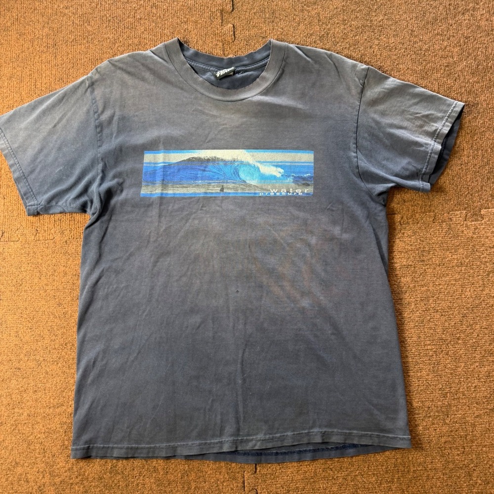 Vintage No Fear Water Pressure Wave Graphic T-Shirt Faded Navy Blue Distressed L